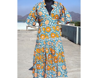 Indian Floral Print Cotton Maxi Dress: Ethnic Beach Cover-Up