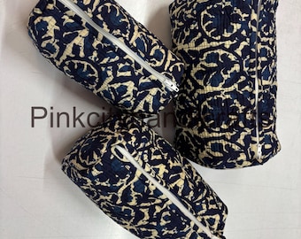 Handmade Quilted Cosmetic Bag: Block Print Cotton Toiletry Organizer