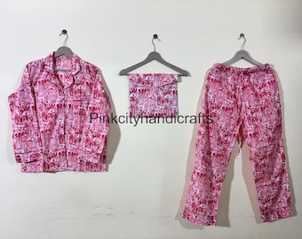 Hand Block Printed Cotton Pajama Set: Indian Night Suit with Bag