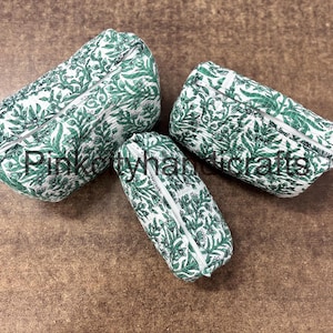 Borsa da toilette con stampa floreale fatta a mano in cotone indiano, borsa per gadget, set di 3 pezzi trapuntata, astuccio per cosmetici, borsa da viaggio