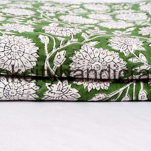 Green & White Indian Floral Hand Block Printed 100% Cotton Cloth, Fabric by the Yard, Fabric for Curtains Pillows Dress Making Fabric