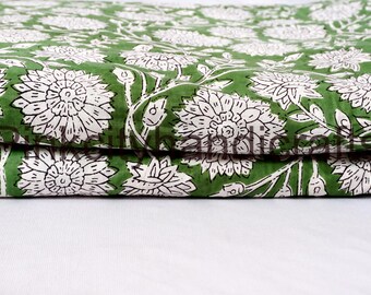 Green Floral Block Print Cotton Fabric: Indian Dressmaking Material