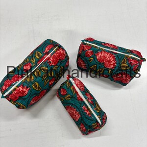 Set di 3 borse da toeletta in cotone trapuntato con stampa a blocchi, organizer per cosmetici vintage, regalo di festa, trucco da damigella d'onore da donna in stile boho, borse con stampa floreale