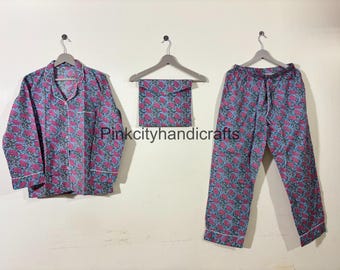 Hand Block Printed Cotton Pajama Set: Indian Flower Night Suit