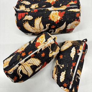 Grande borsa da viaggio trapuntata in cotone con stampa a blocchi, regalo ideale, borsa da toeletta fatta a mano, borsa per il trucco, accessorio da viaggio con stampa a blocchi, set di 3 per le vacanze