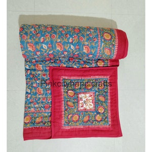 Floral Print Cotton Kantha Quilt: Reversible Jaipuri Bedding