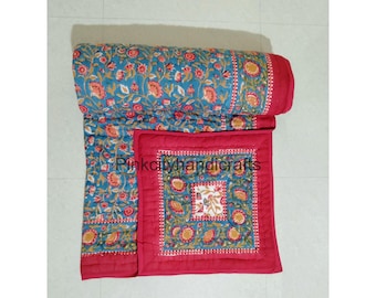 Edredón Kantha de algodón con estampado floral: ropa de cama reversible de Jaipuri