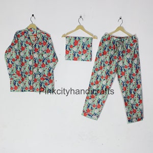 Floral Printed Night Suit Pj Set, Indian Handmade Long Payjama Set Night Shut, Set of 3 Pieces Shirt and Pant with Bag