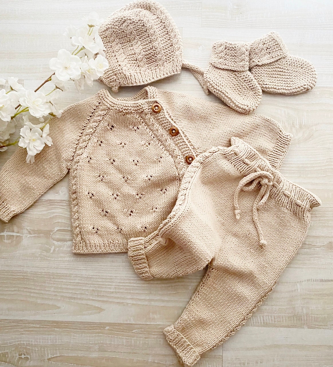Hand Knitted Organic Cotton Baby Outfit: 4-piece Sweater Set - Etsy Hand Knitted Organic Cotton Baby Outfit: 4-piece Sweater Set - Etsy