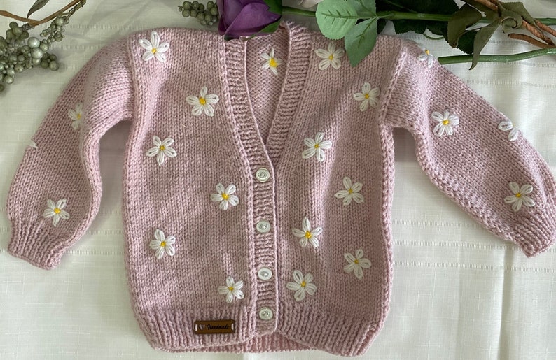 Knitted baby cardigan Daisy baby cardigan Newborn baby gift Hand Knitted Baby Cardigan Knitted Baby Clothes Knitted Girl Outfit image 4