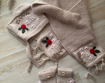 Knitted Baby Girl Scarf Scarf Beanie Baby Set Baby Wool Set Winter Baby Set Knitted Baby Scarf Warm and Stylish Winter Set Baby Gift Set
