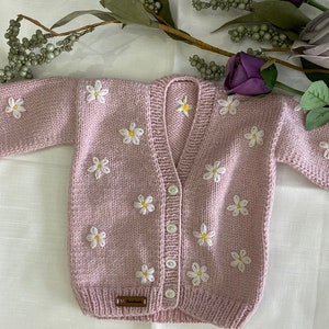 Knitted baby cardigan Daisy baby cardigan Newborn baby gift Hand Knitted Baby Cardigan Knitted Baby Clothes Knitted Girl Outfit image 3