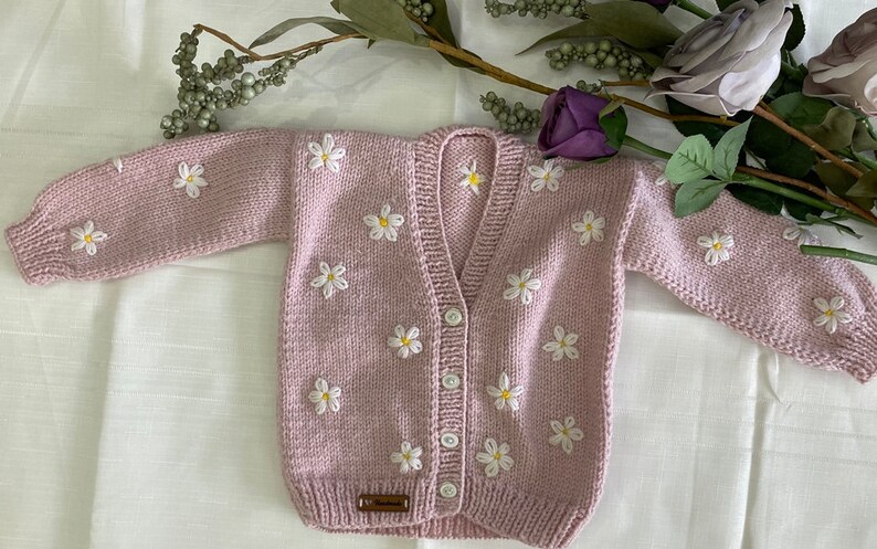Knitted baby cardigan Daisy baby cardigan Newborn baby gift Hand Knitted Baby Cardigan Knitted Baby Clothes Knitted Girl Outfit image 3