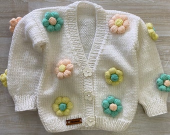 Floral Cardigan Hand Knitted Baby Cardigan Knitted Baby Clothes Knitted Girl Outfit Floral baby cardigan  White Floral Cardigan