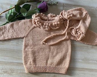 Girl pink sweater Collar embroidered girl sweater Soft girl sweater Wool baby sweater Girl sweater with hat Baby girl gift Baby shower gift