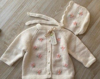 Organic baby cardigan Knitted cotton baby cardigan Baby Girl cardigan baby cardigan hat set Birthday gift   Knitted baby cardigan