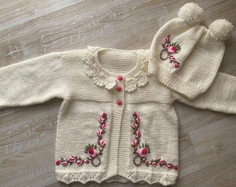 knitted baby cardigan Knitted cotton baby cardigan Organic baby cardigan set Baby girl cardigan Floral baby cardigan Newborn Baby Gift Set