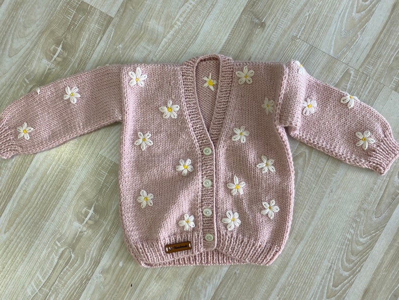 Knitted baby cardigan Daisy baby cardigan Newborn baby gift Hand Knitted Baby Cardigan Knitted Baby Clothes Knitted Girl Outfit image 2