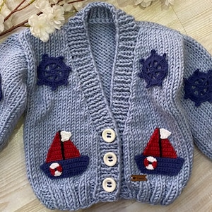 Knitted baby cardigan Sailor cardigan  Hand knitted baby jacket Newborn baby gift Ship embroidered baby cardigan Baby Boy cardigan