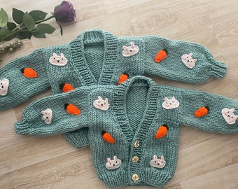 Knitted baby cardigan Green color cardigan Baby cardigan with rabbits  Baby girl cardigan  Rabbit and carrot embroidered cardigan