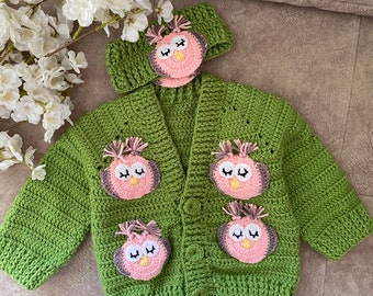 Knitted baby cardigan  Cardigan set with earmuffs Owl cardigan Green Cardigan Knitted Baby Boy Cardigan baby girl cardigan Newborn gift