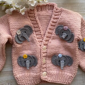 Knitted baby cardigan  Elephant motif cardigan Natural baby clothing Pink Baby Girl Cardigan Hand knitted baby hat