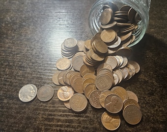 Mason Jar with 1 pound of Wheat Pennies + Bonus (Indian Head Penny + Buffalo Nickel)
