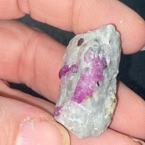 May include: A rough, gray, and white rock with a bright pink ruby crystal embedded in it.