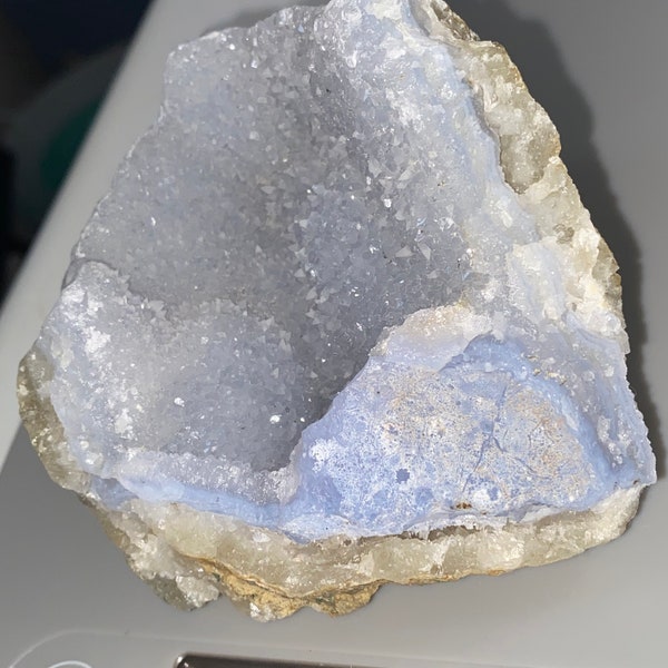 Blue Lace Agate Chalcedony with Crystalline Geode Center | Raw Rough Mineral Display Specimen Sparkly High Quality Raw Blue Lace Agate Druzy