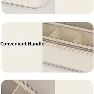 May include: Cream-colored storage box with a clear lid and divided compartments. Features smooth edges and a convenient handle. The text "Creamind" is visible on the box. The box is designed for organization and storage.