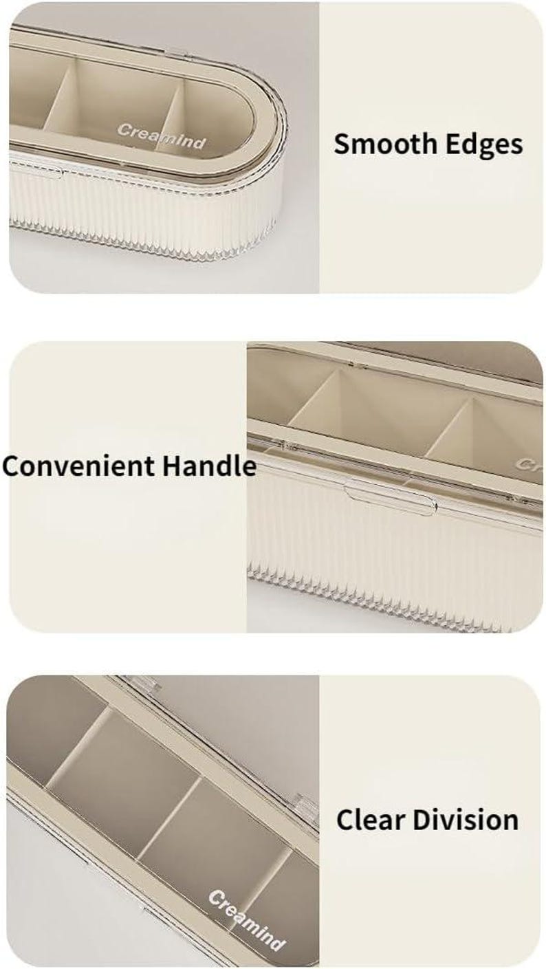 May include: Cream-colored storage box with a clear lid and divided compartments. Features smooth edges and a convenient handle. The text "Creamind" is visible on the box. The box is designed for organization and storage.