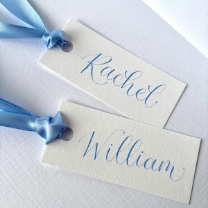 Blue Ribbon Place Cards | Baby Blue Ink Wedding Calligraphy Name Cards