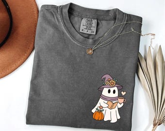 Comfort Colors® Сute Ghost Coffee Shirt, Little Ghost Book and Coffee t-shirt, Boo Ghost Shirt, Ghost Coffee Shirt, Halloween Coffee Lovers