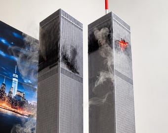 Twin Towers Memorial Model with Smoke & LED Lights | 3D Printed World Trade Center Replica | WTC 9/11 Tribute Display | NYC Skyline Decor