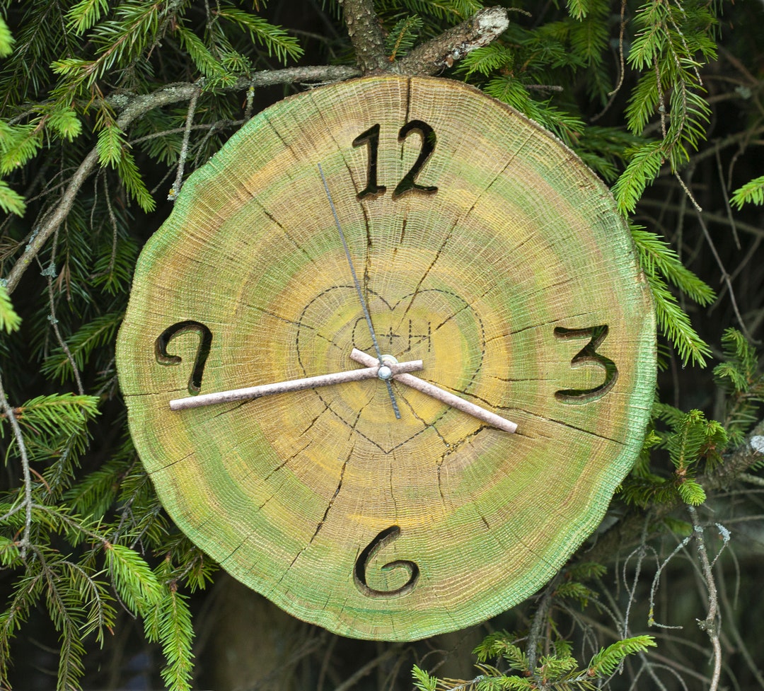 Wall Clock Natural Wood Slice Personalized Heart Initials Oak Tree of ...