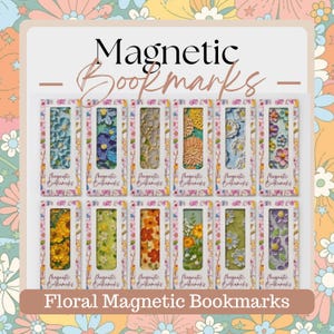 May include: A collection of twelve rectangular magnetic bookmarks arranged in two rows. Each bookmark features a unique floral design with textured, raised flower patterns in various colors including blue, yellow, orange, and purple.