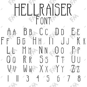 Könnte beinhalten: Ein Schwarzweißbild der Schriftart Hellraiser. Die Schriftart enthält Großbuchstaben, Zahlen und Satzzeichen.