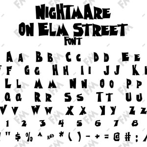 Könnte beinhalten: Schwarz-weißes Schriftdesign für den Titel "Nightmare on Elm Street" mit allen Buchstaben des Alphabets, den Zahlen 0-9 und Satzzeichen.