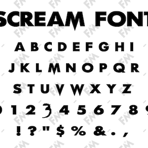May include: Black and white image of a font called "Scream Font". The font includes uppercase letters, numbers, and punctuation marks.