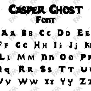 Könnte beinhalten: Eine schwarze und weiße Alphabetschriftart mit einem gruseligen, gezackten Stil. Die Schriftart heißt "Casper Ghost Font".