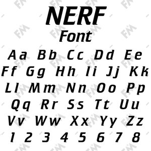 May include: A black and white image of the alphabet in a bold, blocky font style. The font is labeled "NERF Font".