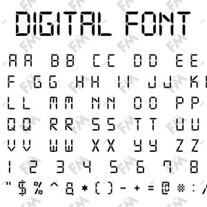 May include: A black and white digital font with the words "DIGITAL FONT" at the top. The image displays the alphabet from A to Z, numbers 0 to 9, and various symbols. The font is designed with segmented lines.