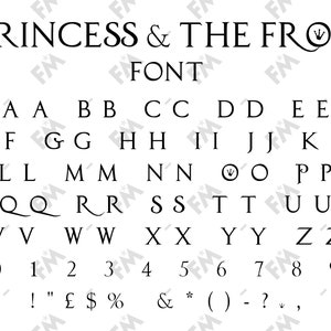 May include: Black and white alphabet font with the title "Princess & The Frog Font". The font includes uppercase letters, numbers, and punctuation marks.