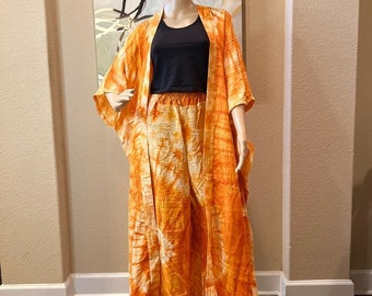 Sylvia African Print Silk Adire 2pcs duster kimono and pant set