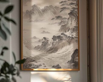 Vintage Japanese Landscape Art Print – Trees in Fog Lithograph