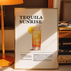 Wydruk koktajlu Tequila Sunrise, plakaty z przepisami na koktajle do baru Wydrukuj klasyczny napój alkoholowy Sztuka ścienna do baru lub kuchni