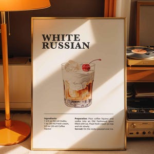 White Russian Cocktail Recipe, Cocktail Print Bar Cart, Posters Print Classic Alcohol Drink Wall Art For Bar Or Kitchen
