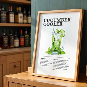 Impressão de coquetel com refrigerador de pepino, receita de coquetel, pôster de carrinho de bar, impressão de bebida alcoólica clássica, arte de parede para bar ou cozinha