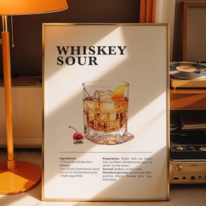 Receta de cóctel Whiskey Sour, Impresión de cócteles en carrito de bar, Pósters impresos de bebidas alcohólicas clásicas, Arte mural para bar o cocina