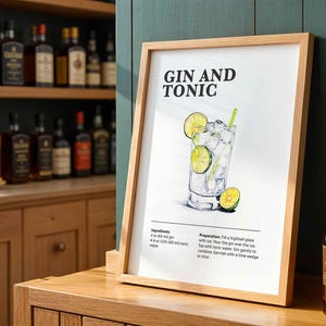 Impressão de coquetel de gim tônica, receita de coquetel, pôster de carrinho de bar, impressão de bebida alcoólica clássica, arte de parede para bar ou cozinha